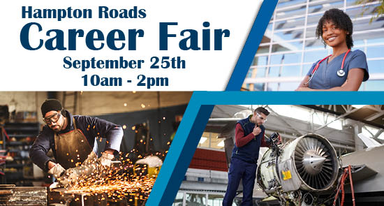 Two men and a woman working in skilled trades for the Hampton Roads Career Fair on September 25th from 10 am till 2 pm